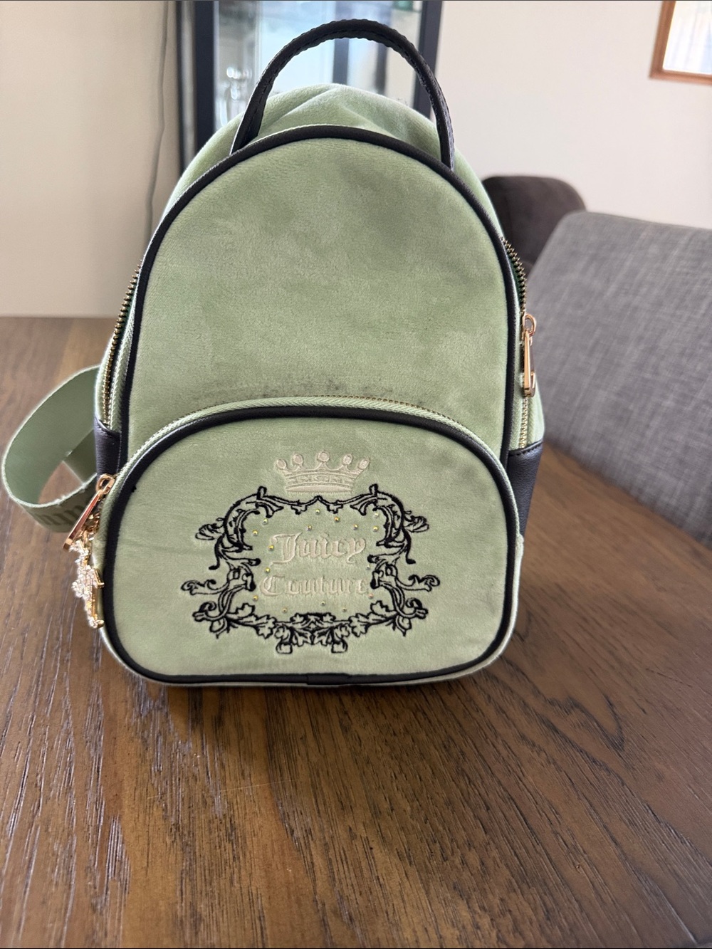 Juicy Couture Sage Green Mini Velvet Backpack with Embroidered Crest